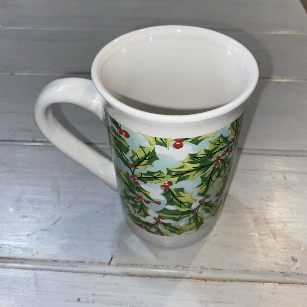 Christmas Mug Royal Norfolk 10 oz Hollie Leaves/Berries On Light Blue Background